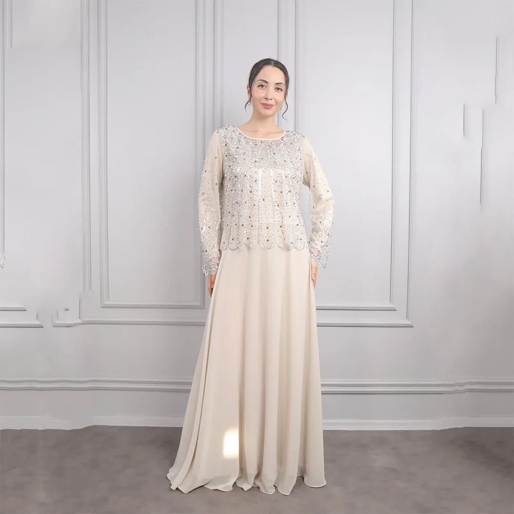 

Customized Long Evening Dresses Elegant Formal Occasion Prom Gowns Long Sleeves 2025 Bead Crystal Floor Length Prom Dresses