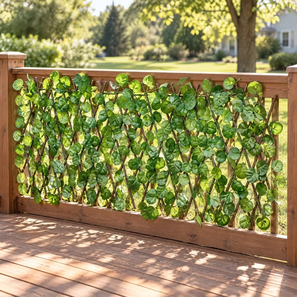 Adjustable Artificial Greenery Fence for Outdoor Patio Balcony Garden with Lifelike Foliage and Wooden Trellis Mount