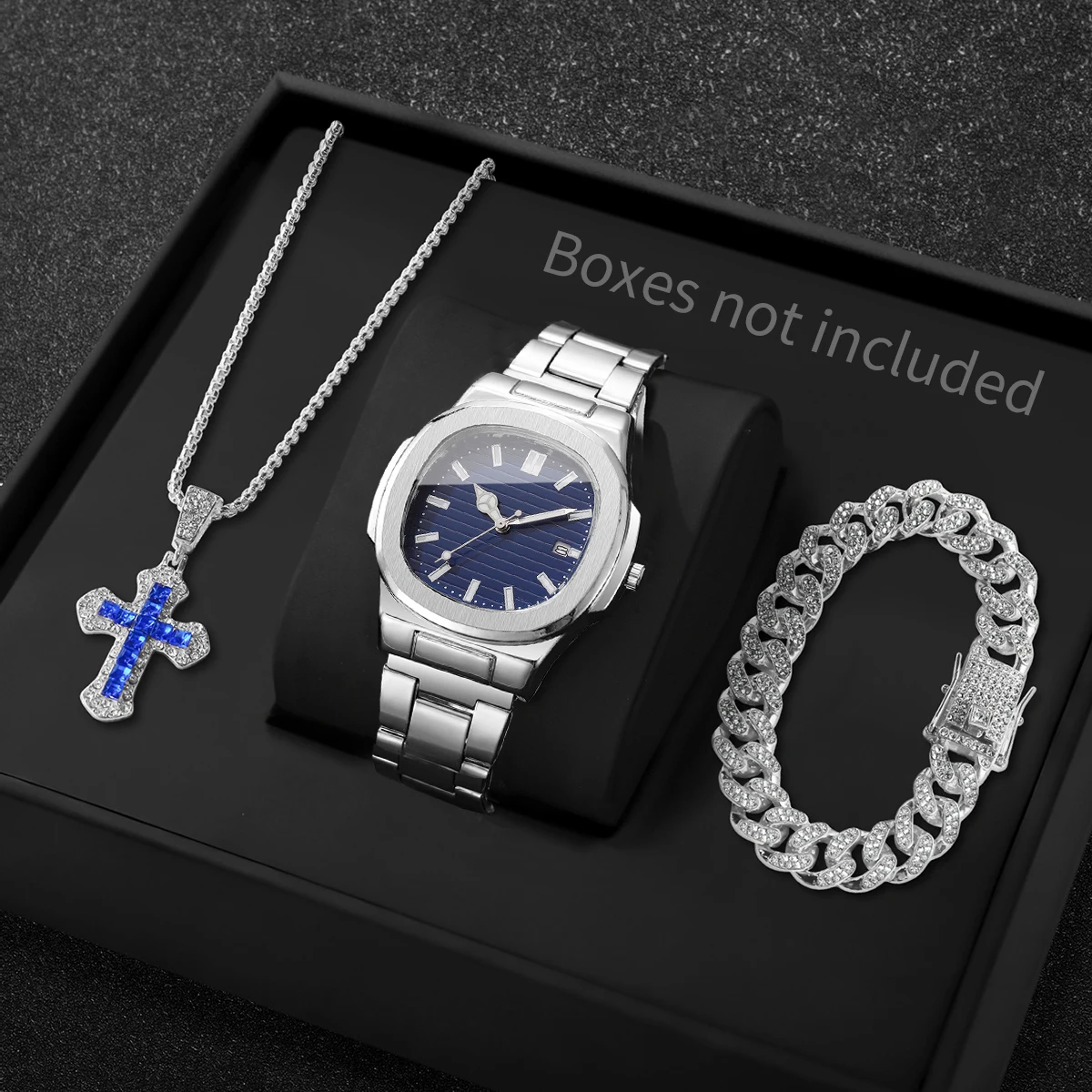 

3 шт. модных мужских деловых часов с браслетом и ожерельем, квадратный циферблат, ремешок из нержавеющей стали, кварцевые часы с календарем (без коробки)