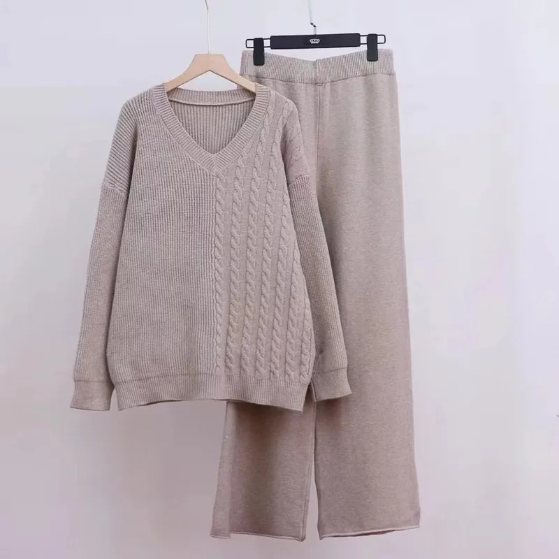 Ensemble 2 pièces pour femmes, pull irrégulier tricoté, pantalon à jambes larges, costume d'automne, nouvelle collection E12289