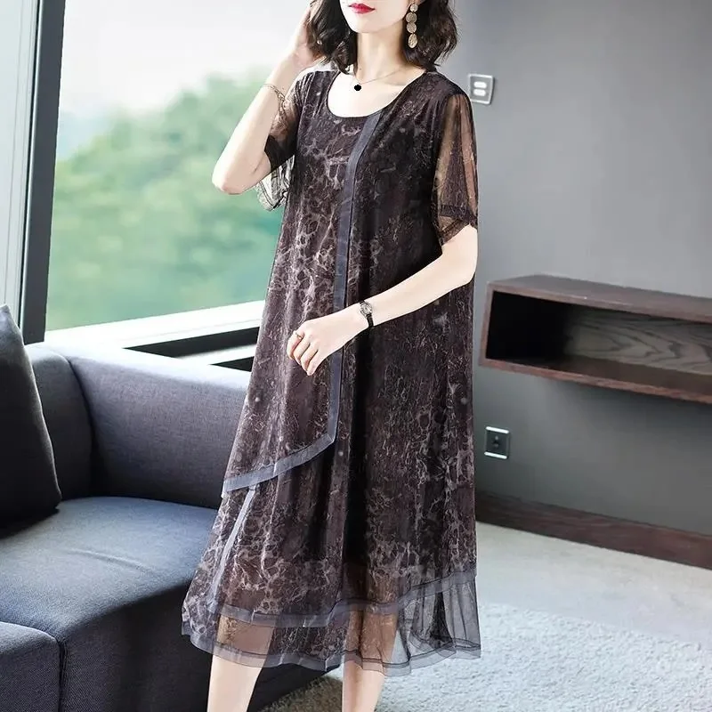 

Elegant Fashion Leopard Printed Asymmetrical Dresses Summer 2024 Short Sleeve O-Neck Oversized Loose Midi Dress Women's Clothing