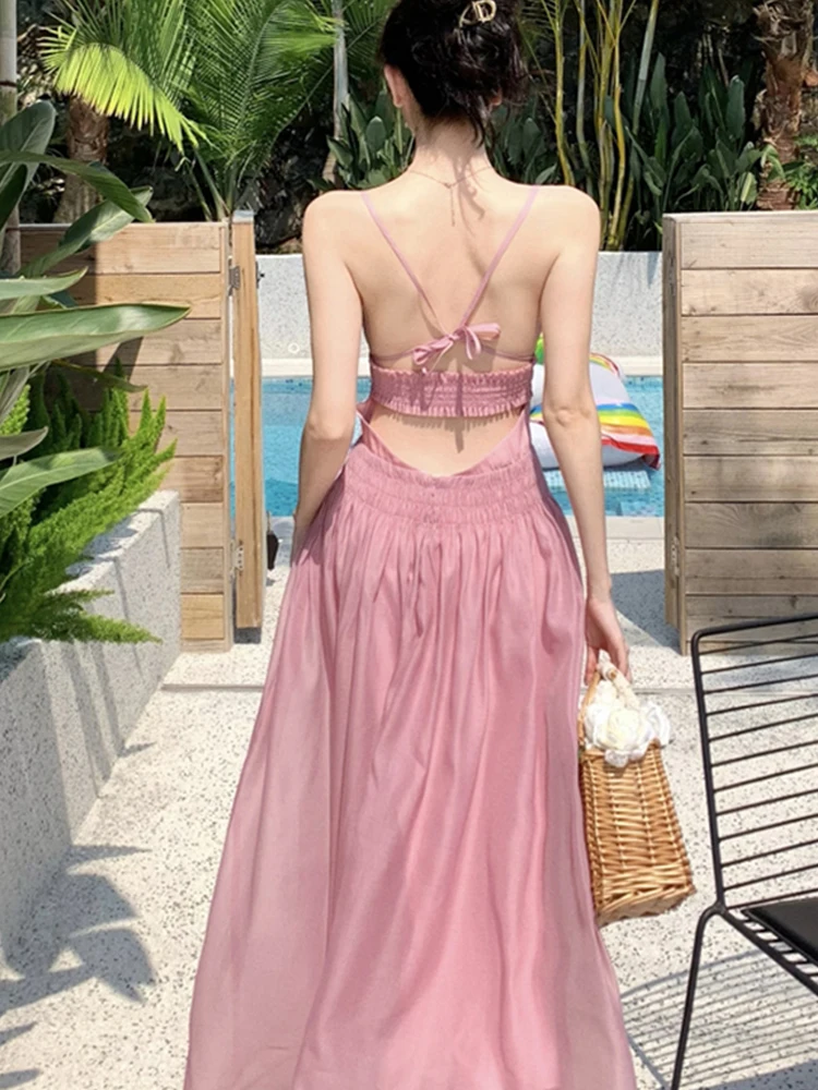 Damska letnia różowa sukienka bez pleców z elastycznym paskiem, długa sukienka plażowa elegancka femme sukienka boho vestidos платье высокое качество