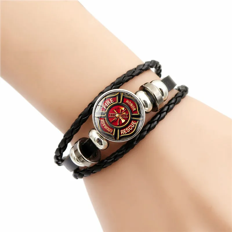 Firefighter Sign Bracelet Firemen Fire Dept Flame Vintage Pattern Glass Button Woven Adjustable Leather Bangle Bracelets for Men