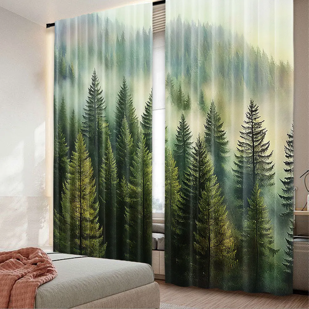 2Pcs Nature Curtain Forest Pine Tree Tops Refreshing Eco Woodland Wilderness Mountainside For Bedroom Living Room And Dining