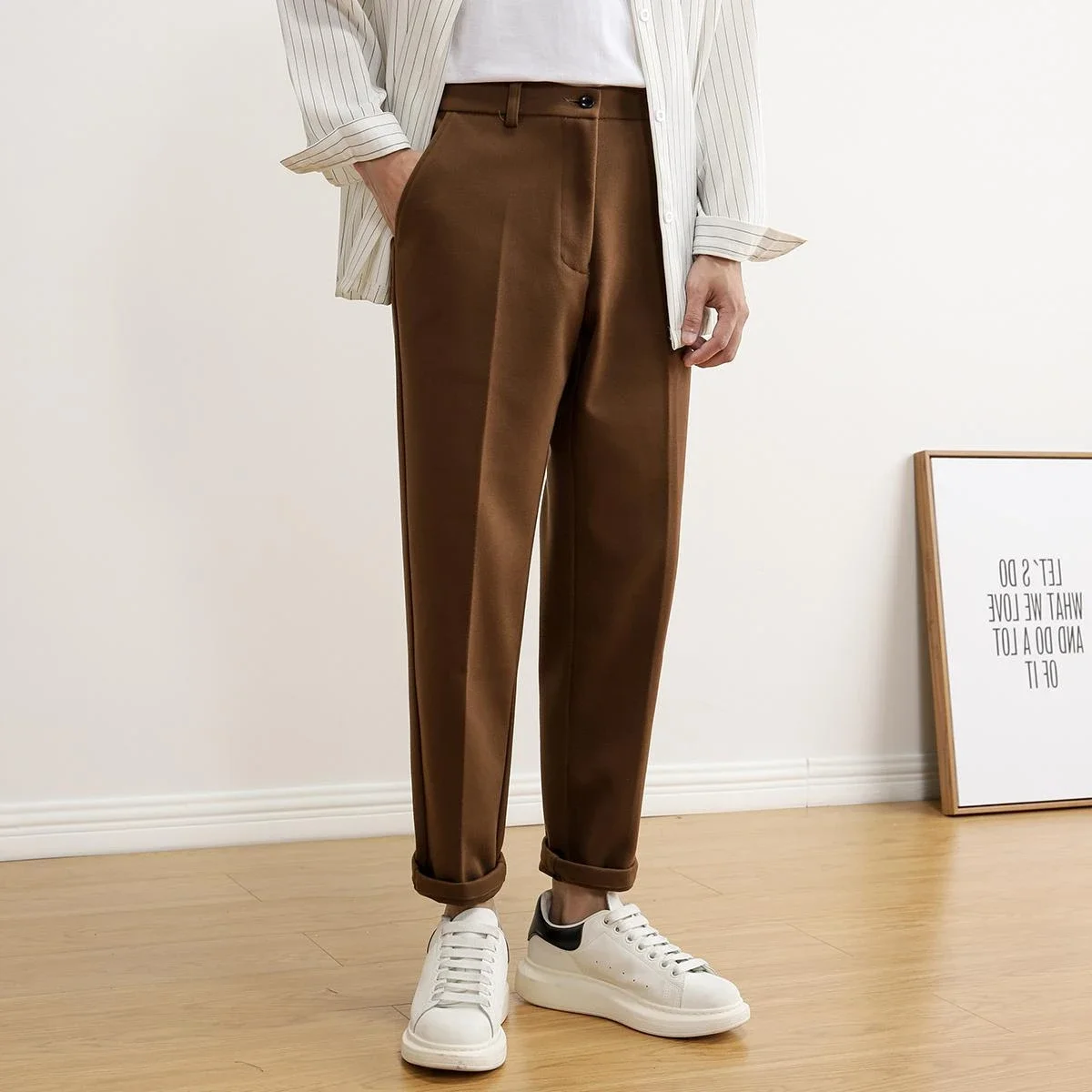 Khaki Slim Fit Trousers for Men Brown Tressed Man Suits Pants Cheap Summer 2024 New in Dress Work Wear Elegant Clothes Offer Up