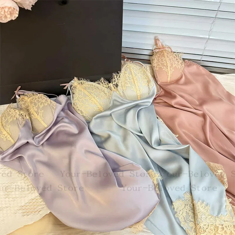 Silk Nightgowns Sexy Pajamas Pure Desire High Quality Deep V Nightdress Small Chest Hollow Lace Halter Pajama Dress Home Clothes