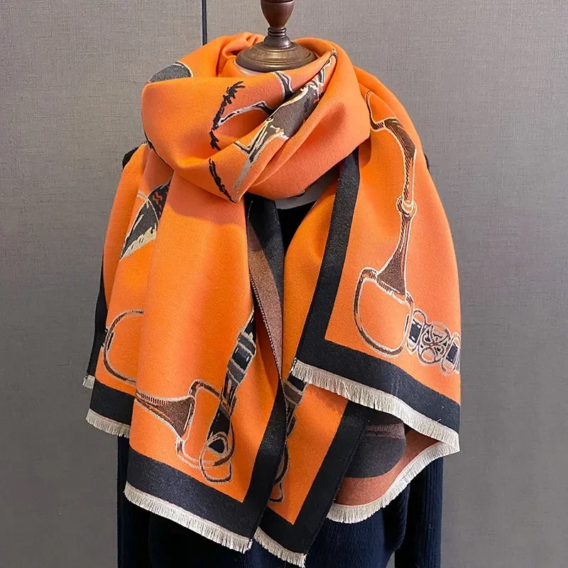 Luxury Designer Brand Winter Blanket Scarf Shawls for Women Warm Pashmina Horse Print Large Wrap Cashmere Foulard Long Stole