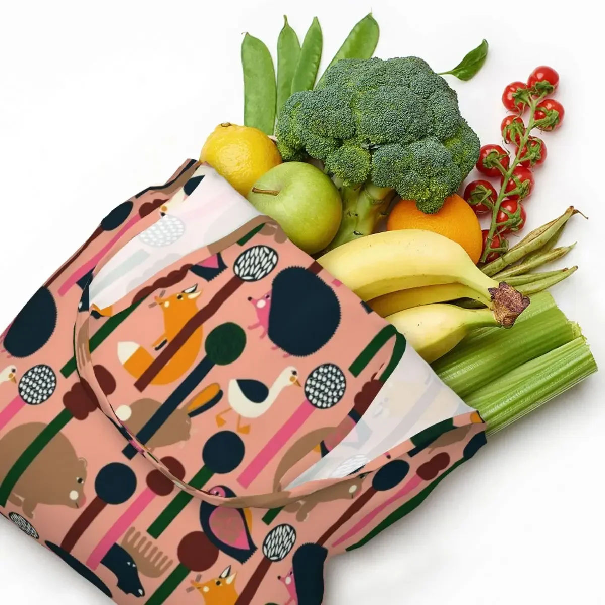 

Custom Botany Flowers Animals Print Pink Shopping Canvas Bags Women Durable Big Capacity Groceries Modern Tote Shopper Bags