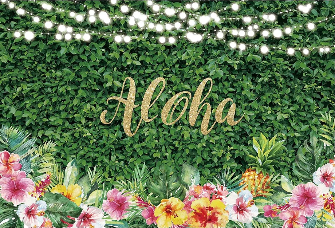 알로하 루아 배경, 열대 하와이 녹색 잔디 꽃 사진 배경, 생일 베이비 샤워 파티 장식 배너