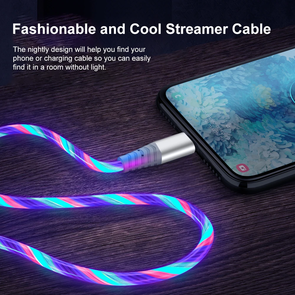 100W Glowing LED Cable 7A Micro USB Type C Data Cable Flowing Streamer USB C Cord Fast Charging for Huawei Xiaomi Samsung