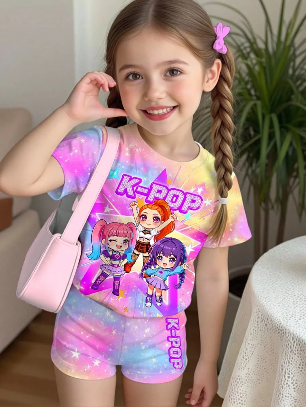 K-Pop Cartoon Graphic Girls T-Shirt and Pants Set Girls' Summer Clothing Cute Short Sleeve Set Children's T-Shirt and Shorts Set