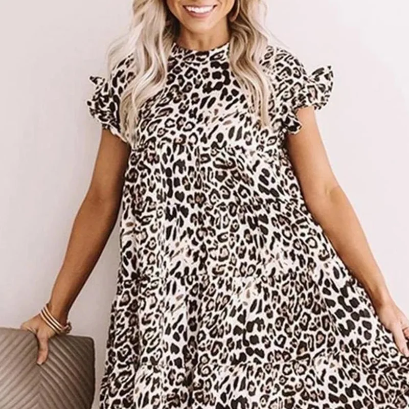 Women's Dress Short Skirt, Leopard Print Dress Print Short Skirt Plus Size S-XXXL Ruffle Sleeve Dress Short Skirt