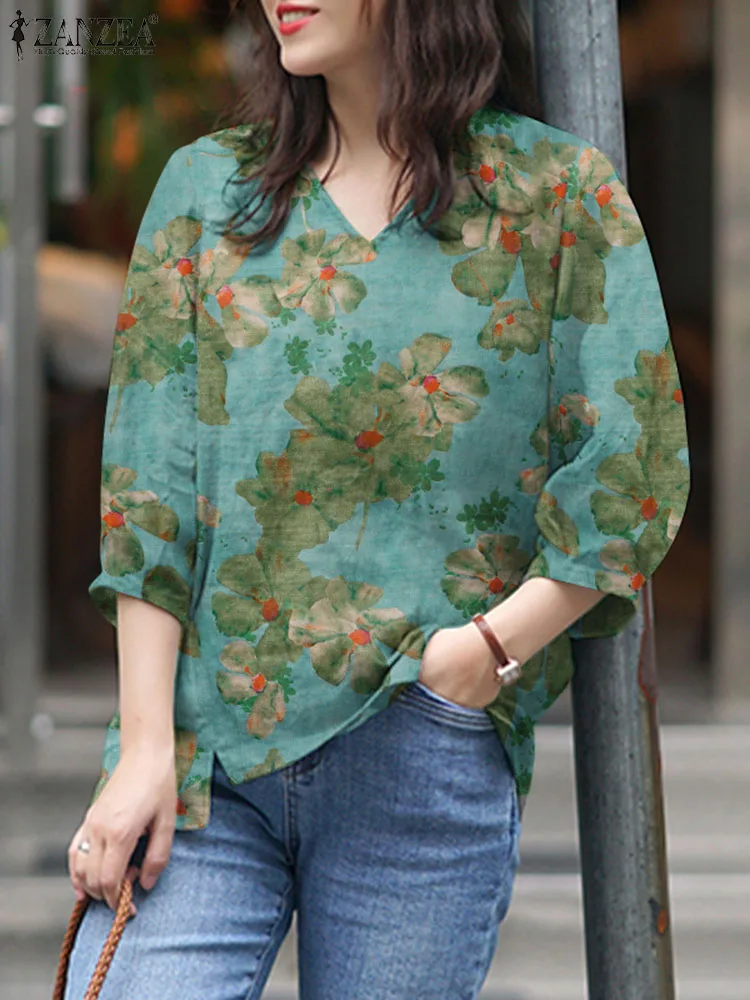 ZANZEA Bohemain Casual Blouses Summer Tops Elegant Work Shirt Women Fashion Floral Printed Blouse V Neck 3/4 Sleeve Blusas Femme