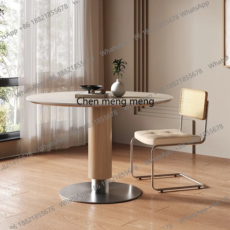 

Simple log, travertine rock slab, dining table, small household round dining table, solid wood