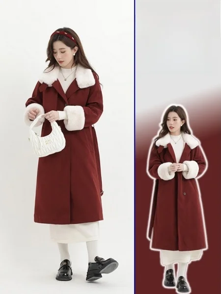 

Женское пальто большого размера, красное, с пушистой подкладкой, средней длины, в корейском стиле, теплое, зимнее, новинка, с завышенной талией, свободного кроя