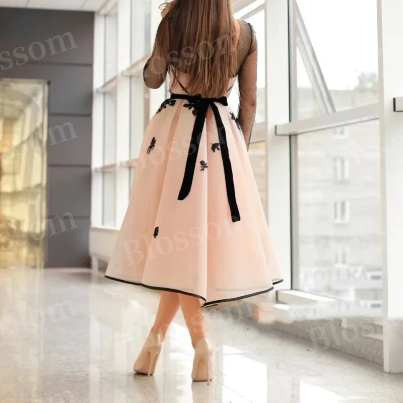 Round neck chiffon ball dress Fine Applique Formal Occasion Dress Long sleeve knee length skirt Party evening dress.