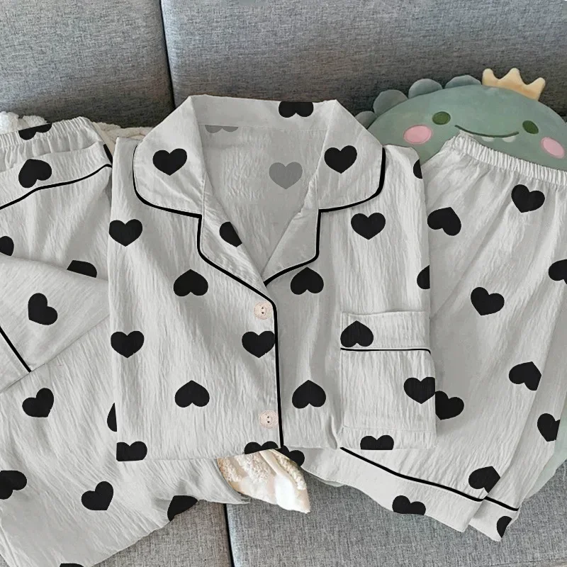 しわ加工の生地のパジャマ 春スタイル 可愛い 女の子らしい ストライプ柄 長袖 韓国風 カジュアル ホームウェアセット