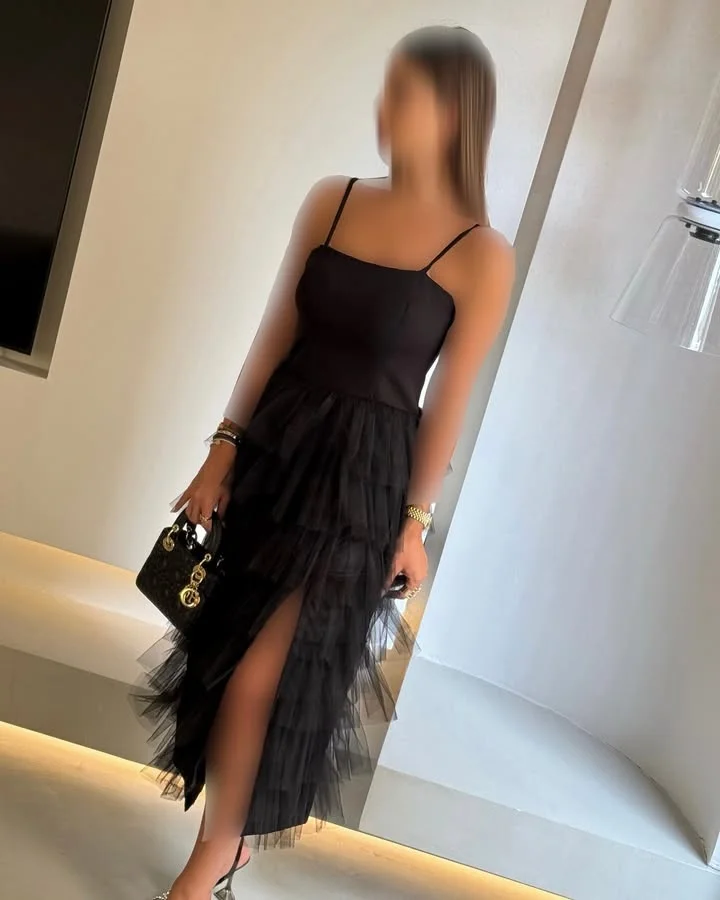 Vestido de fiesta con gradas de espagueti negro, vestidos de noche sexys de satén y tul con abertura alta, vestido de fiesta de cóctel para niñas