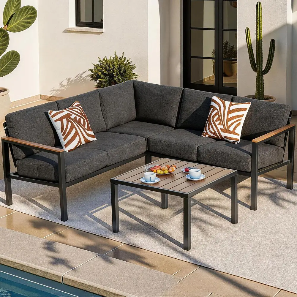 

6 Pieces Patio Furniture Set, Outdoor Sofa with Thick Olefin Cushions, Fauxwood Armrest and Tabletop, Ergonomic Highback, Outdo