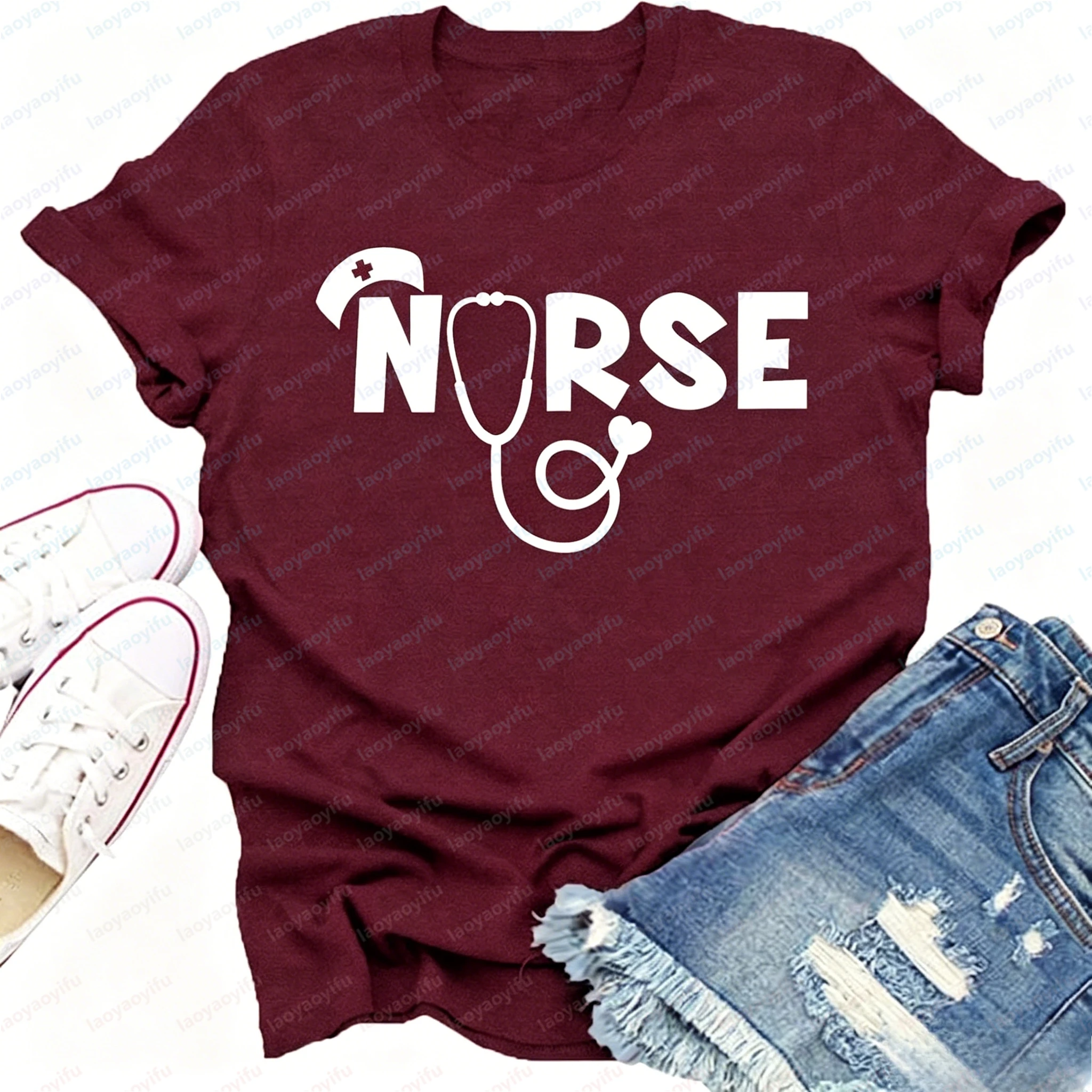 Fashion Women s T-Shirt Summer Short Sleeve Nurse Life Stethoscope Print Casual Breathable Tee for Nurse Day Work Tops Clothing