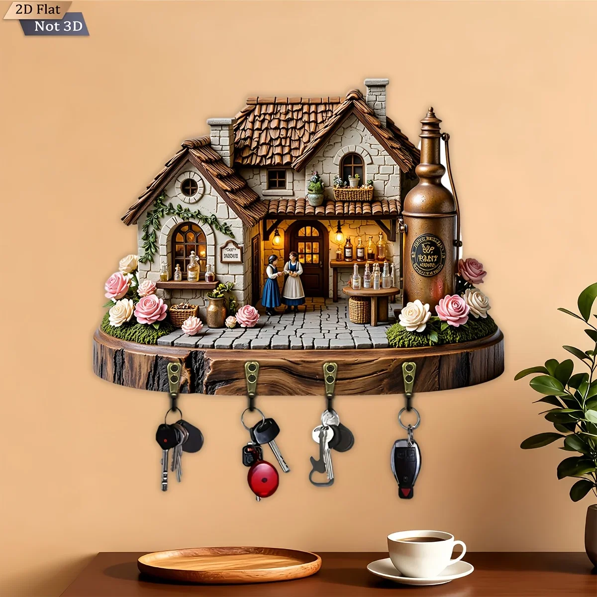 2D Flat, 1pc, European Country Tavern Theme Key Hook, Wooden Multifunctional Home Key Rack, with Four Metal Hooks, Wall