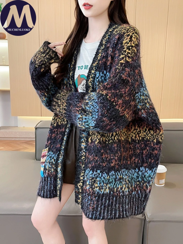 Women's Gradient Color V-Neck Cardigan Korean Fashion Casual Loose Knitted Sweater for Autumn Winter Lazy Style