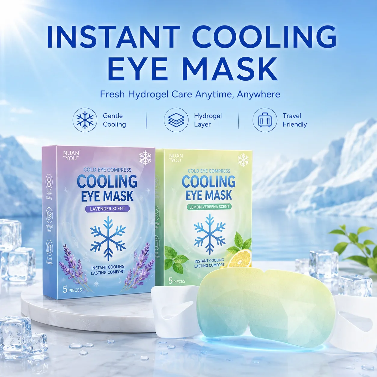 Cooling Hydrogel Eye Mask 5PC Lavender Lemon Verbena Cold Compress Lightweight Ear Loop Individually Wrapped Travel Eye Care Set