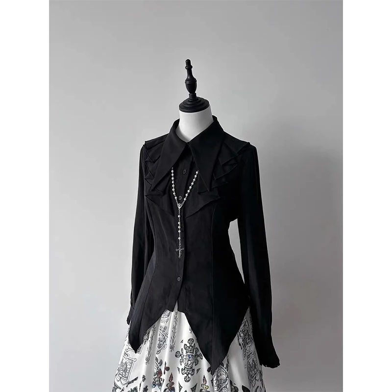 Gothic Ruffles Black Shirts Women Kawaii Lolita Cutecore Bandage White Blouses Japanese Vintage Harajuku Long Sleeve Slim Tops