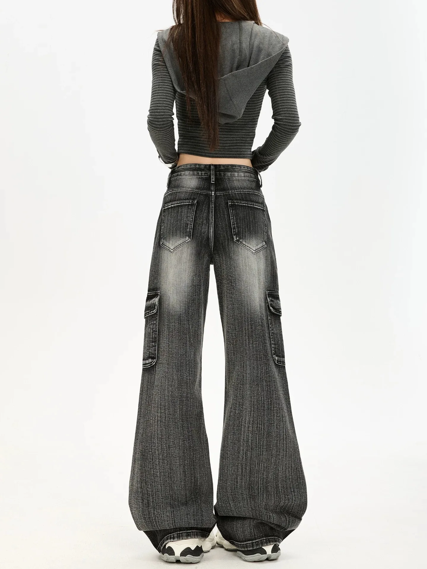 Y2K Micro Flared Jeans Women Black Gray Textured Workwear Pants Loose Non Stick Leg Autumn Hot Girls New