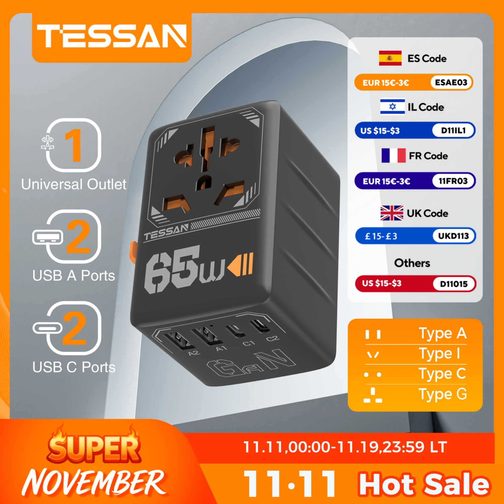 

TESSAN 65 Вт GaN International Plug Дорожный адаптер с USB Type C Универсальный адаптер питания по всему миру Вилка стандарта ЕС/Великобритании/США/Австралии для путешествий