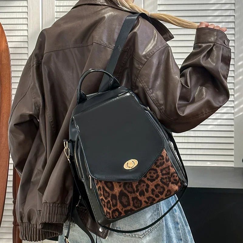 Retro Fashion Leopard Print PU Leather Design Preppy Style Lady Women Satchel Shoulders Backpack Bag Handle Travels Packsack Bag