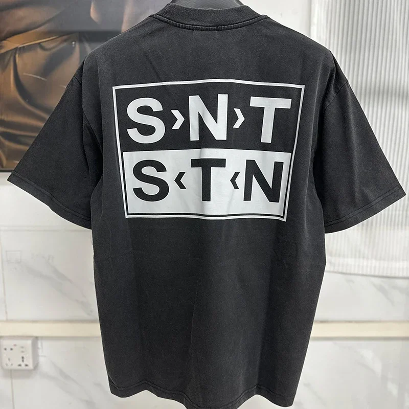 25SS Vintage Washed Black 100% Cotton T Shirt Men Women Casual Fashion Classic Letters Logo Print Saint T-Shirt Oversized Tee