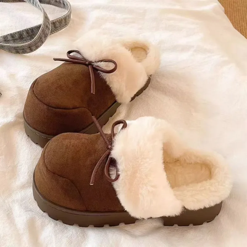 

Bow Women Fur Slippers Flats Platform Suede Mules Shoes Fashion Short Plush Warm Woman Sneakers 2025 New Winter Mujer Zapatos