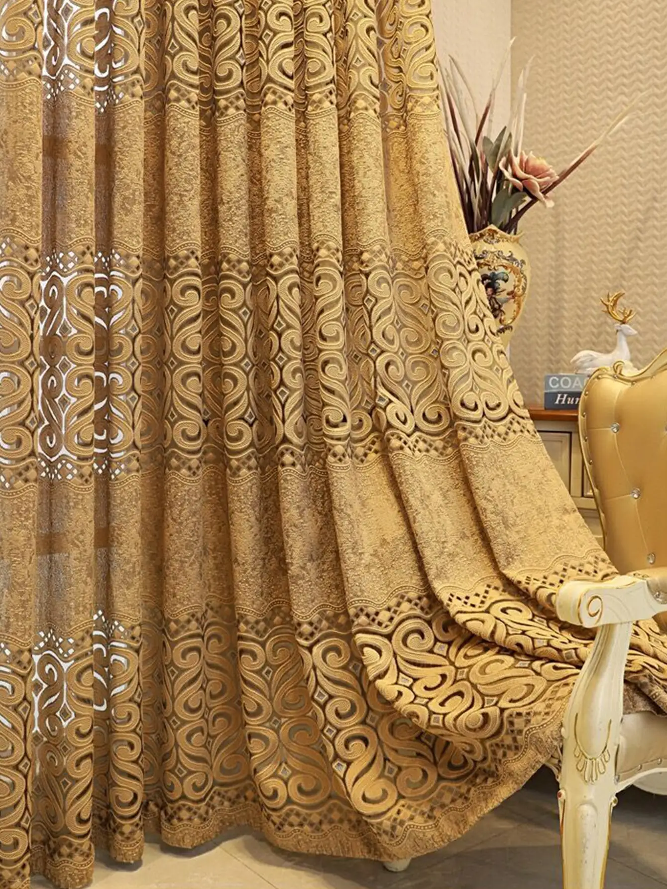 Khaki eight character hollow perforated curtains suitable for decorating living room and bedroom curtains