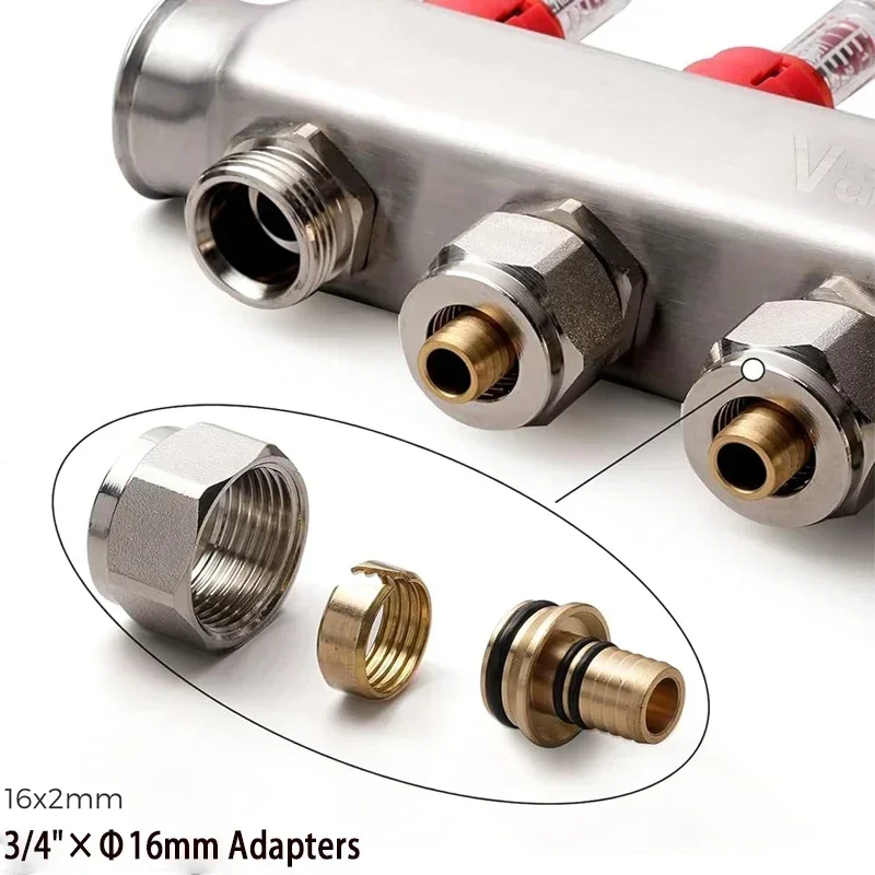 Kit collettore caldo da pavimento in acciaio inossidabile con porta valvola a sfera NPT da 1", inclusi adattatori riscaldati in ottone da 3/4" * Φ 16 mm e 3/4 "* Φ 20 mm