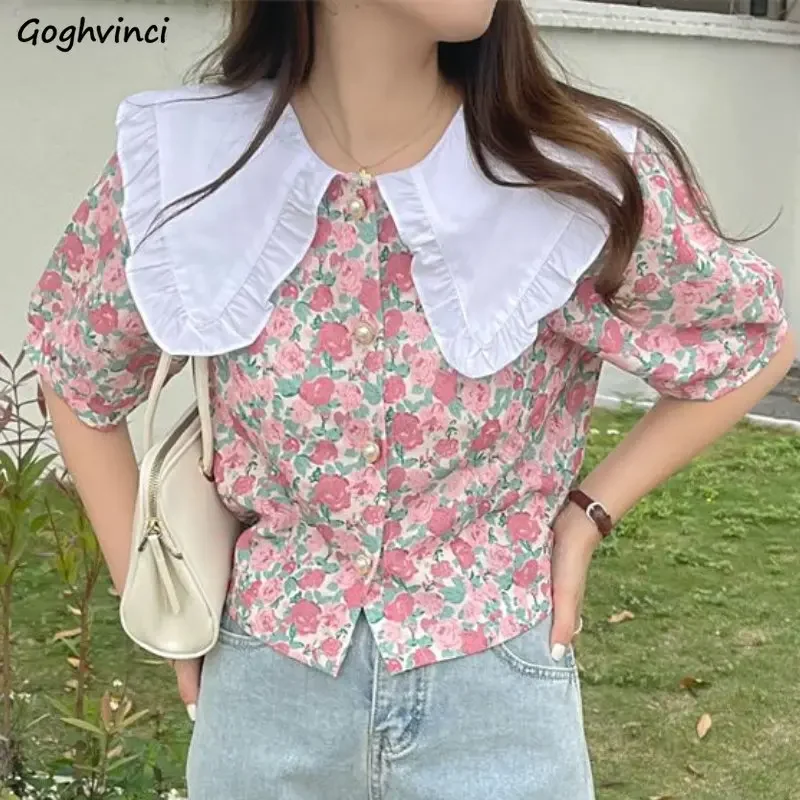 Floral Shirts Women Crop Tops Vintage Temperament Peter Pan Collar Sweet Summer Thin Casual Chic Korean Style Ins Camisas Mujer