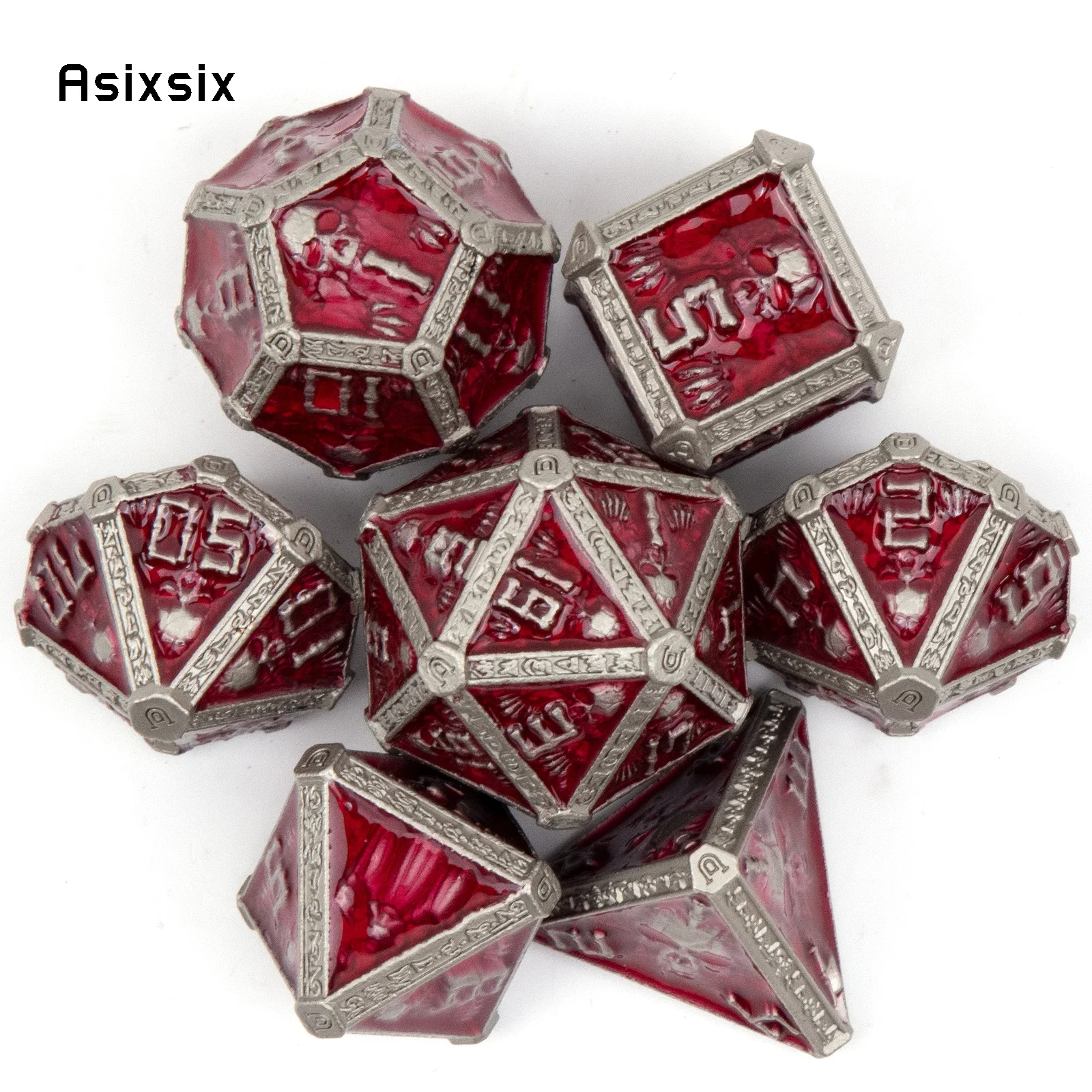 

7 Pcs Red Silver Skull Metal Dice Solid Metal Polyhedral Dice Set Suitable For Role-Playing RPG Gift Card Game