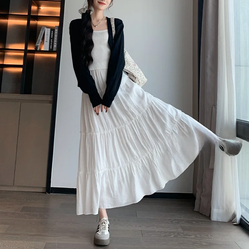 White High Waist A-Line  Skirt Women's Slightly Elastic Skirts Spring Autumn Polyester Fiber Cake Skirt Pleated