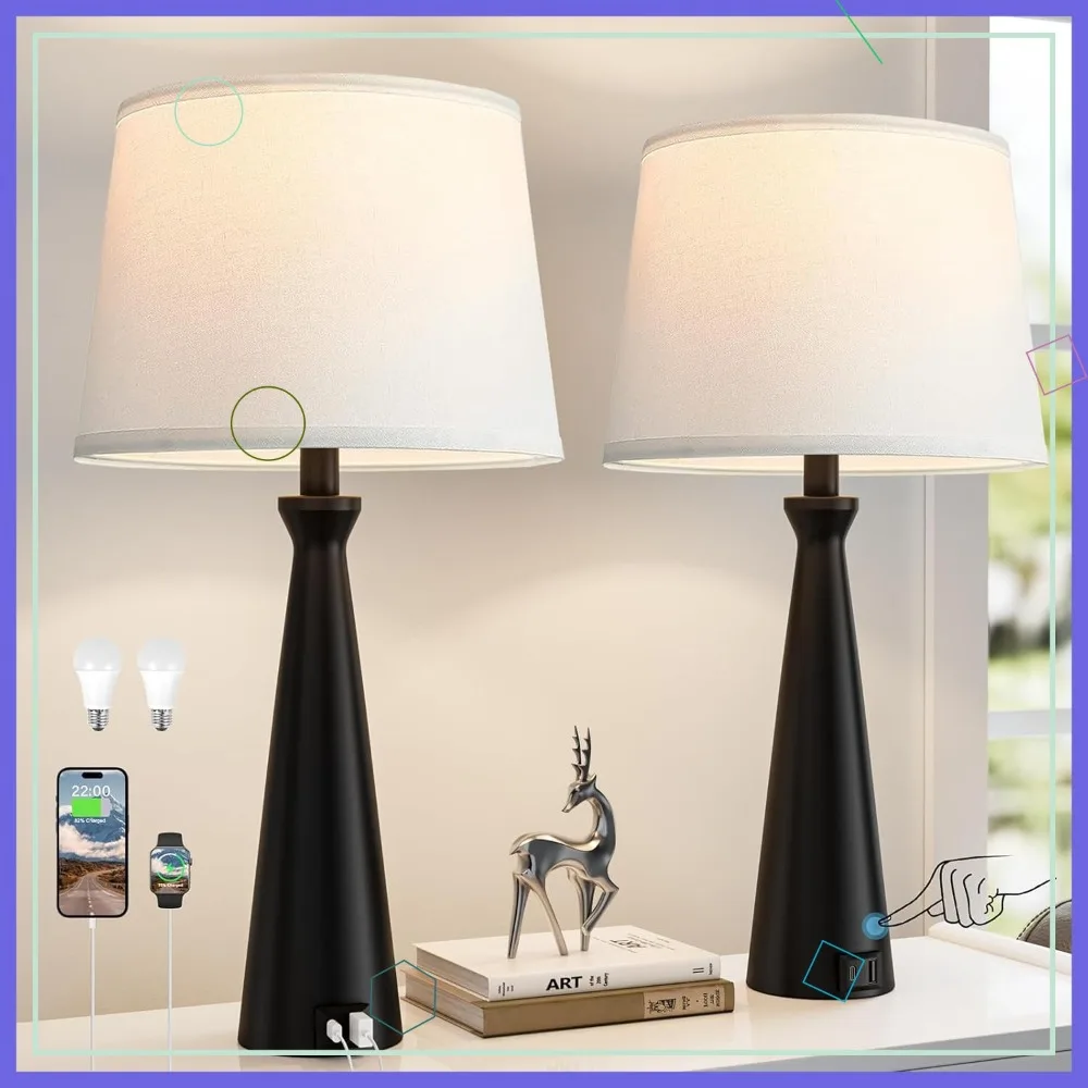 

Modern Touch Table Lamps Set of 2 with Dual USB C+A, Dimmable Black Nightstand Lamps for Bedroom Living Room (Bulb Included)
