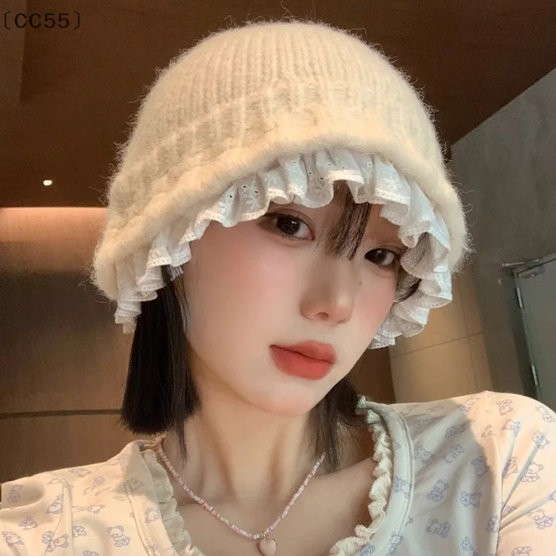 〔CC55〕Lace Knitted Bucket Hat Women's Autumn And Winter Street Sweet Versatile Outdoors Warm Casual Big Head Bob Cap