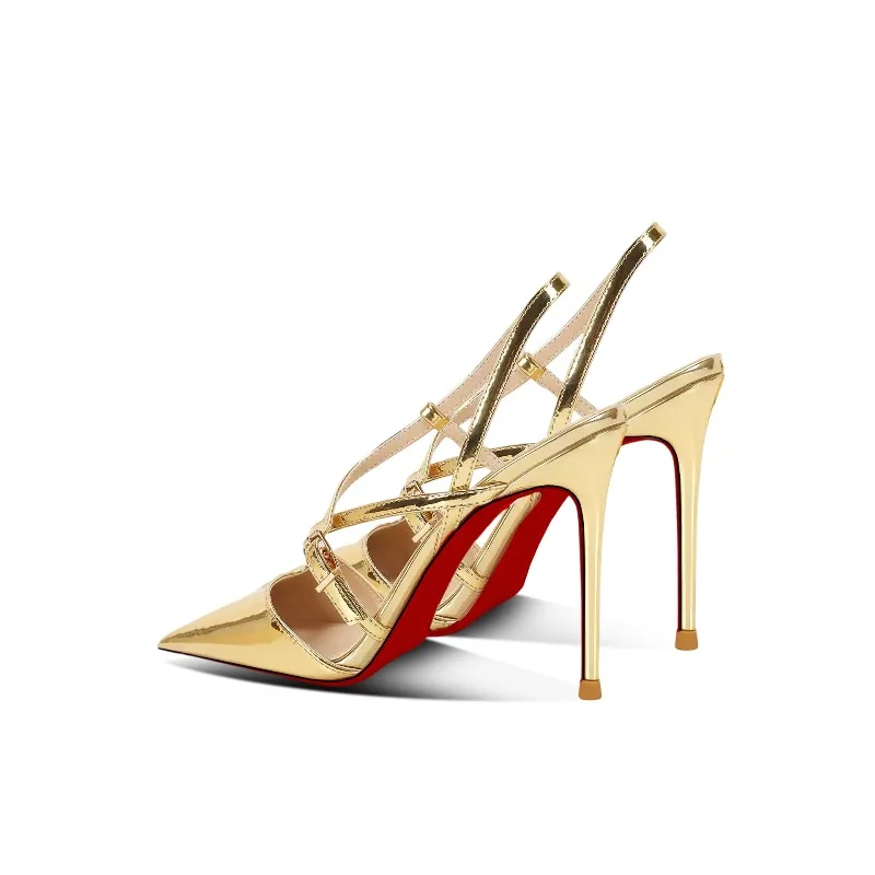 2025 new 12cm pointed rear empty lace-up high heels women's gold sexy one-word buckle large size sandals