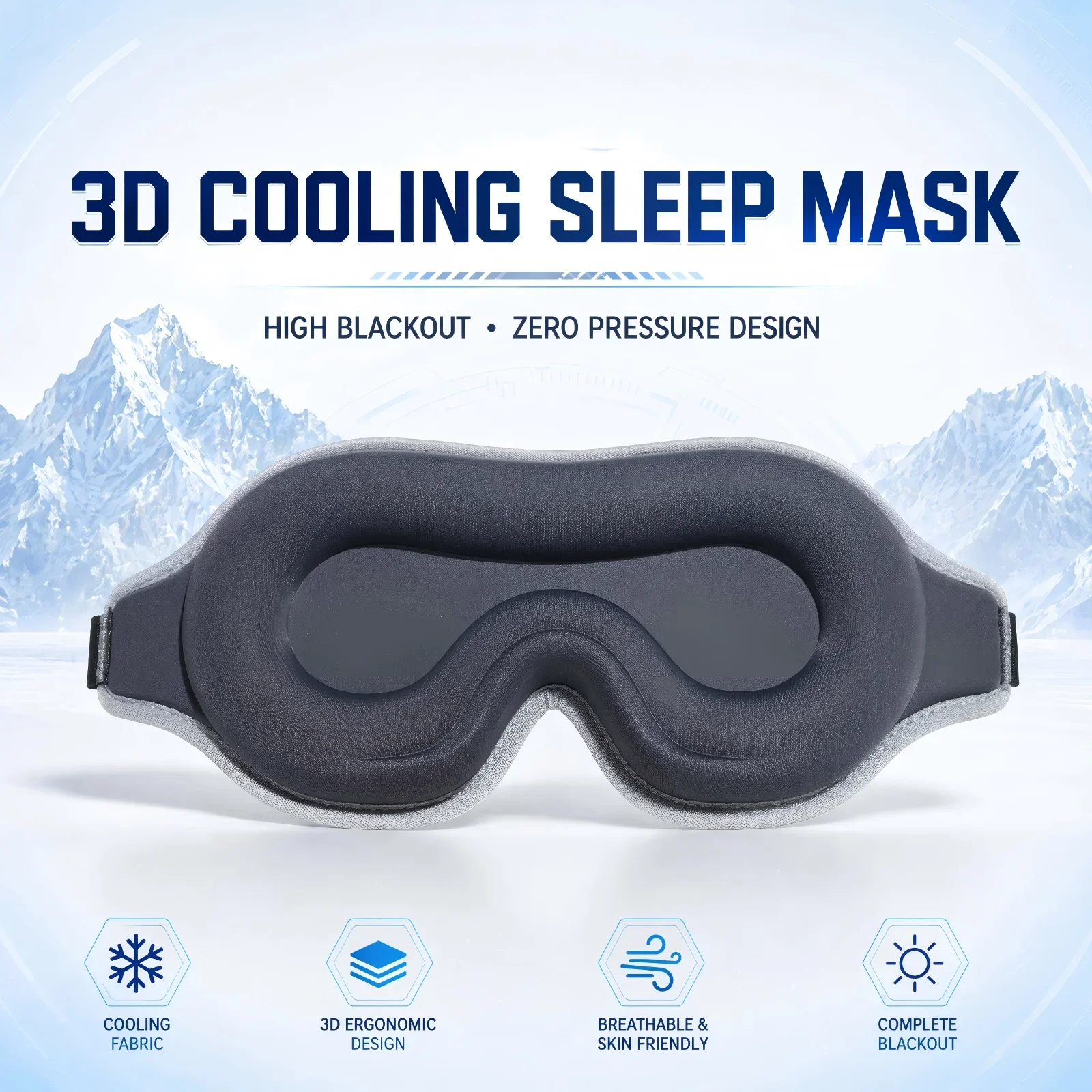 3D Cooling Sleep Mask Ice Silk Blackout Eye Mask 99.9% Light Blocking Zero Pressure Eye Cover Adjustable Strap Travel Nap Soft