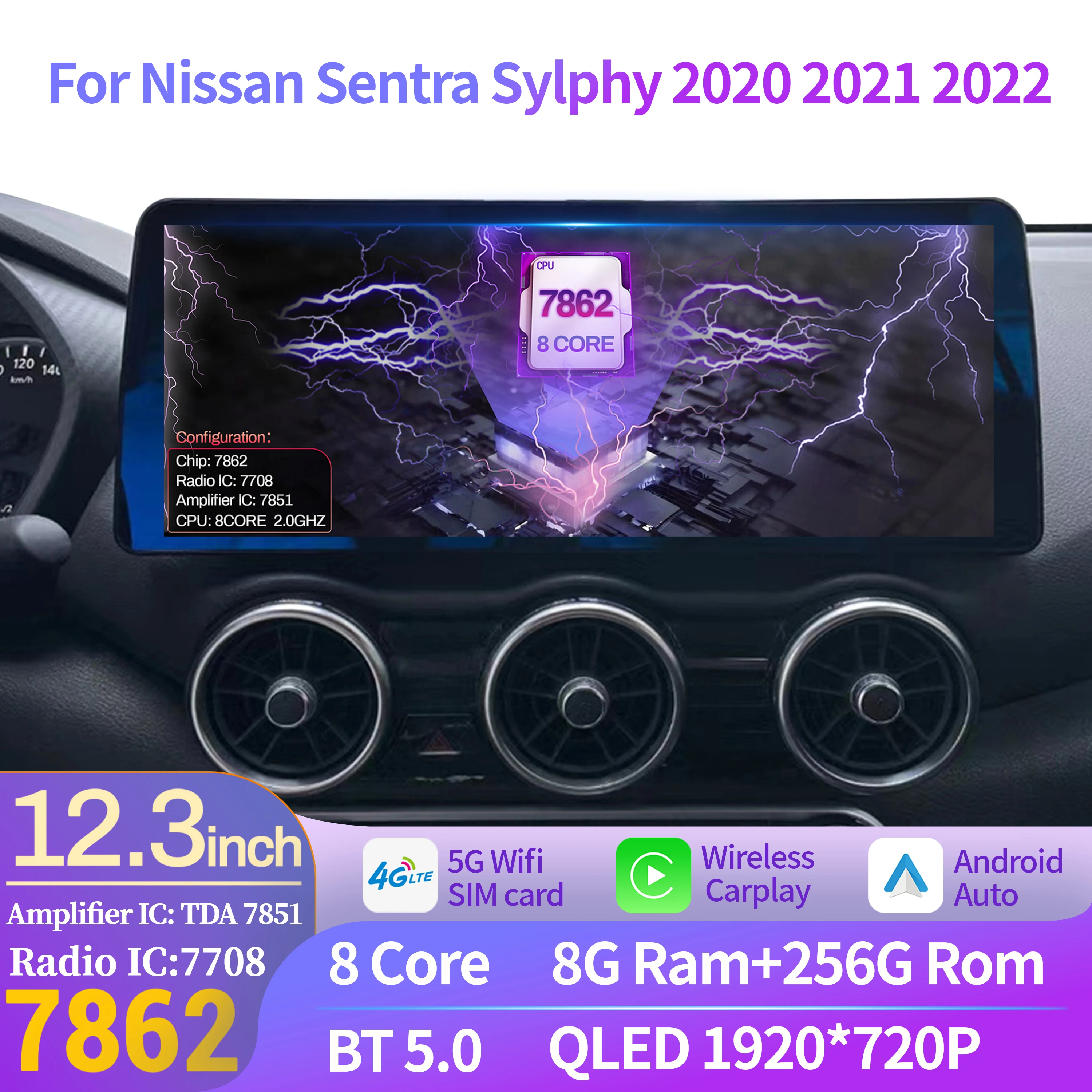 12.3 inch For Nissan Sentra Sylphy 2020 2021 2022 Car Radio Multimedia Player Navigation CarPlay Android 14 Head Unit QLED Scree
