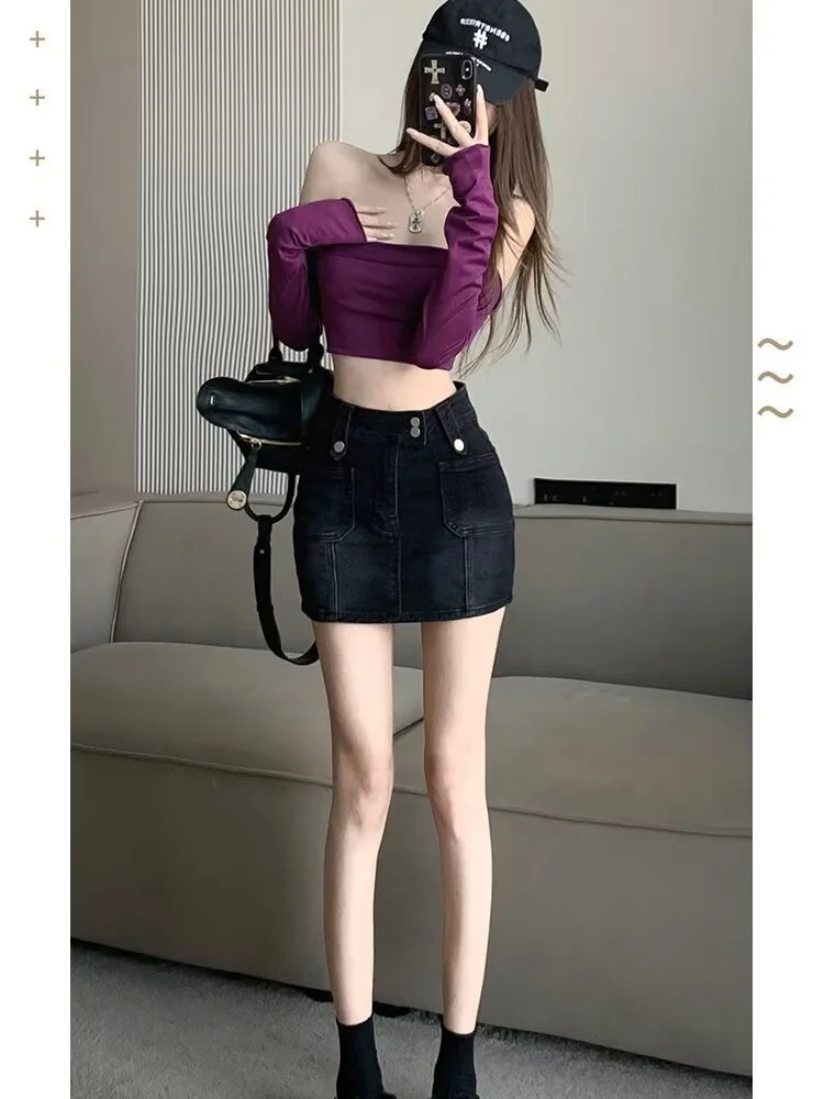 

Retro denim midi skirt, women's spicy girl pants skirt, summer short skirt, new small A-line hip hugging skirt, short skirt