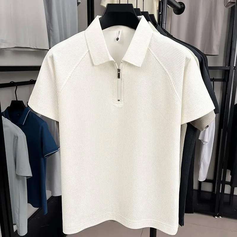 

Мужская трикотажная рубашка-поло с ребристой вязкой, повседневная, с коротким рукавом, на молнии до середины, приталенного кроя