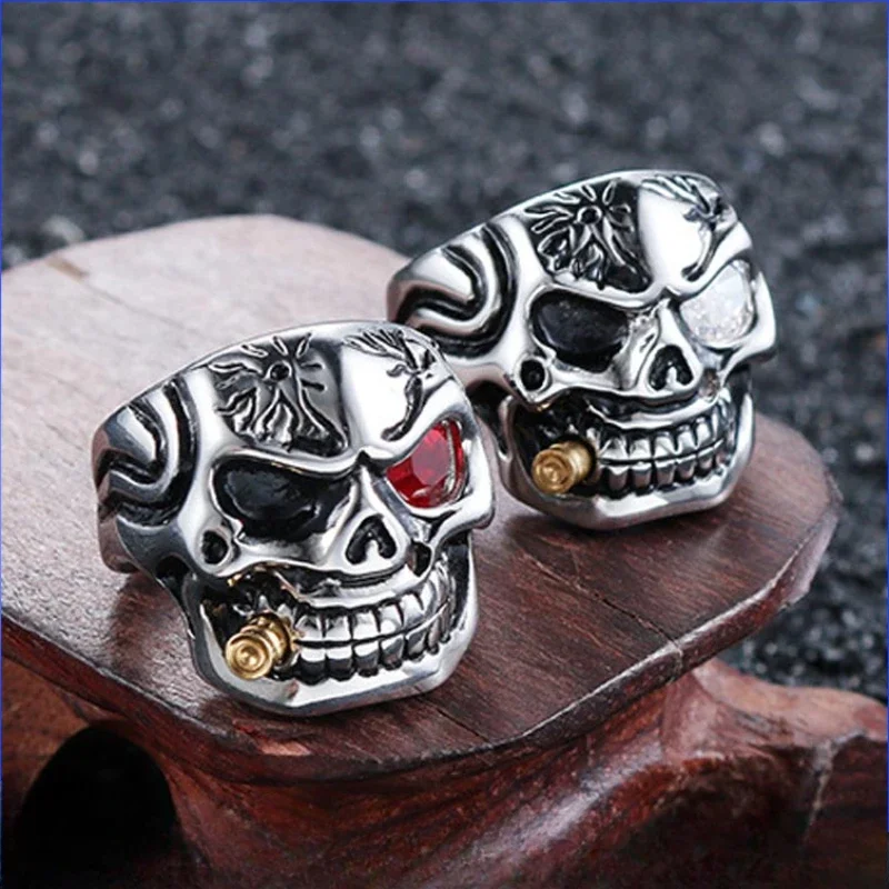 Vintage Gothic Skull Smoking Bullet Stainless Steel Rings for Men's Sizes 7-15