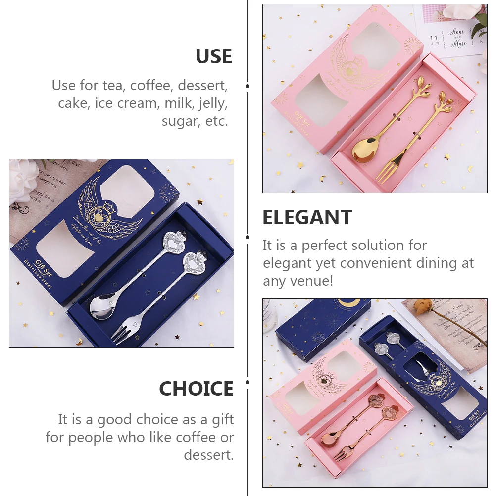 

2 Sets Stainless Steel Spoon Fork Crown Decor Dessert Cake Ice Cream Coffee Mixing Stirring Elegant Glossy Surface Gift
