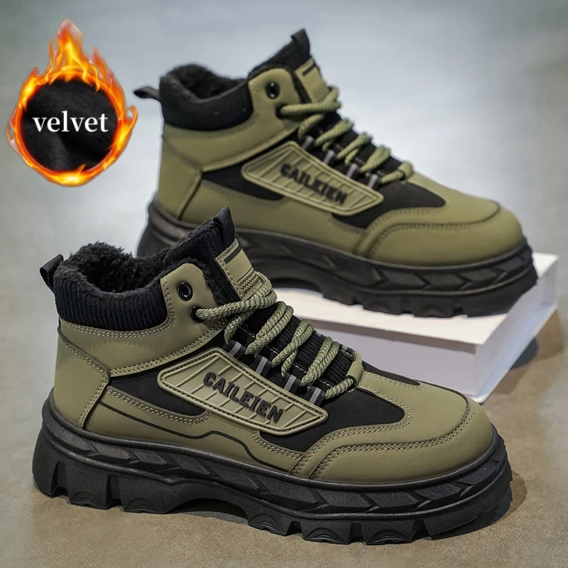 

Плюс бархатные мужские зимние ботинки в британском стиле, мотоциклетные ботинки на платформе, мужские уличные нескользящие кожаные ботильоны, мужские байкерские ботинки