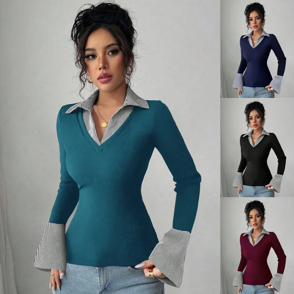 Elegant Women's Long Sleeved T-shirt Autumn Winter New Item Fake Two Piece V-neck Spliced Top Top Mujer Manga Larga Ajustados