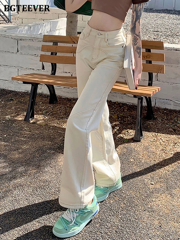 BGTEEVER Stylish High Waist Pockets Female Wide Leg Jeans Trousers Spring Summer Loose Single Button Ladies Straight Denim Pants